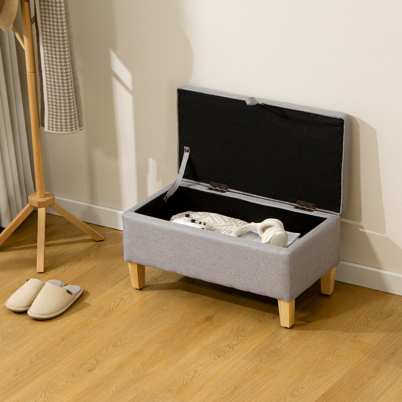 Light Grey 30L Linen Storage Ottoman with Padded Seat and Wooden Legs for Bedroom or Hallway - 71x37x36cm