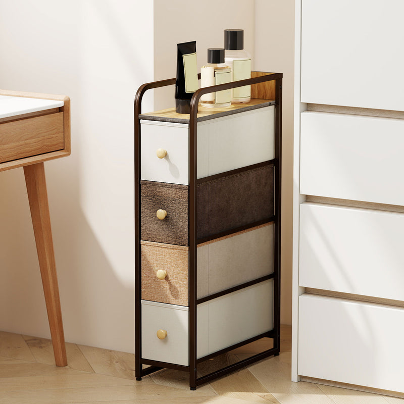 Slim Chest of Drawers for Narrow Spaces with 4 Fabric Drawers and Guardrail Top Multicoloured