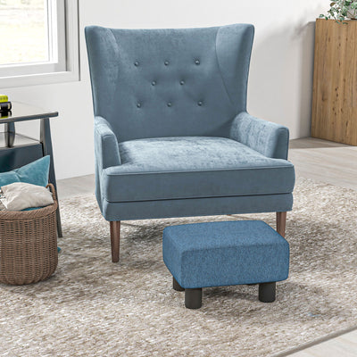 Linen Fabric Footstool Ottoman Cube With Sturdy Legs for Living Room Comfort, Blue