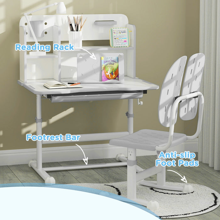 Height Adjustable Kids Desk and Chair Set with Tiltable Desktop and Reading Rack Grey by AIYAPLAY