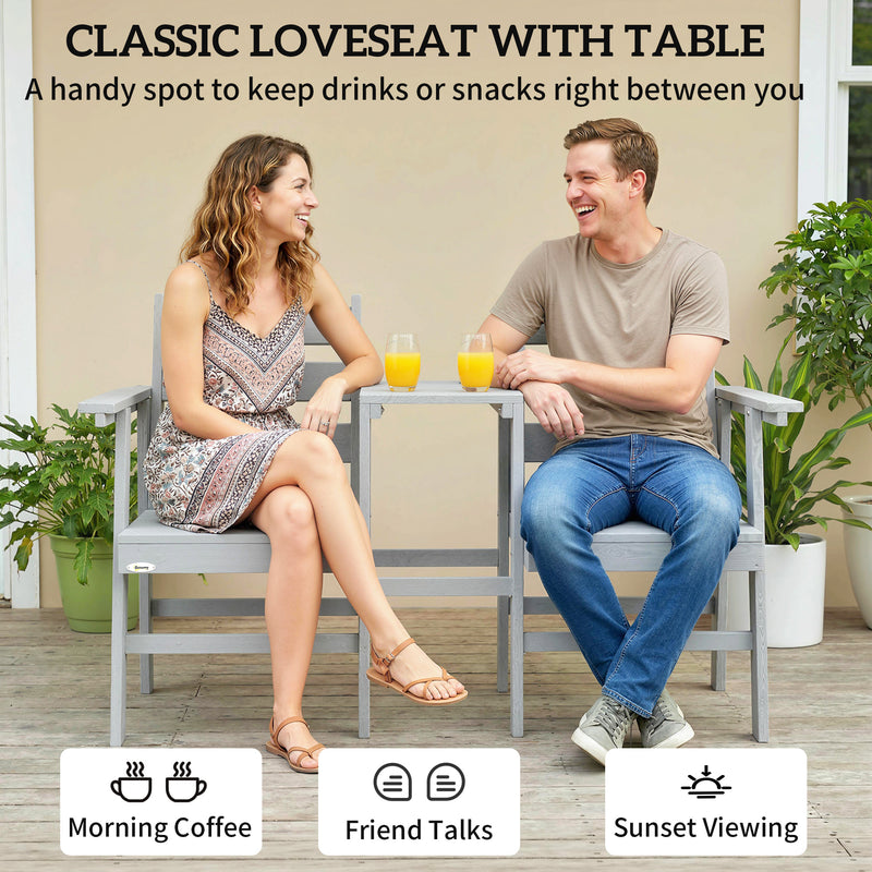 Garden Bench with Built In Table for Two Comfortable Outdoor Seating Grey Outsunny