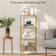 4 Tier Glass Shelving Unit For Living Room Or Office With Vertical Storage, Gold Tone