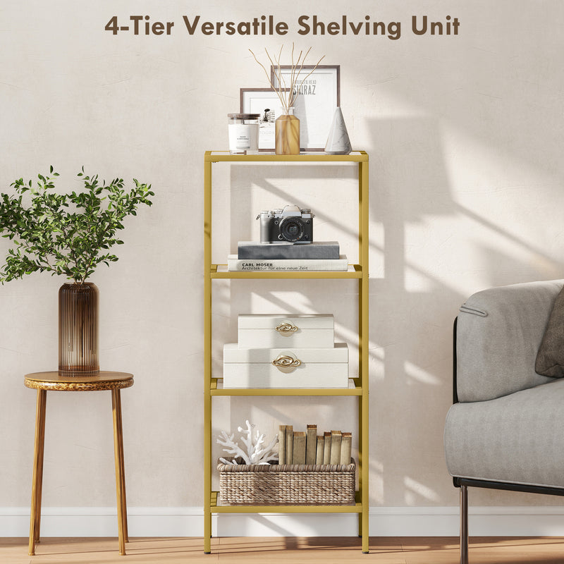 4 Tier Glass Shelving Unit For Living Room Or Office With Vertical Storage, Gold Tone