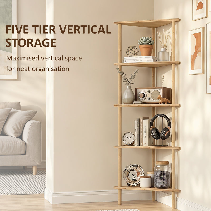 Bathroom Corner Shelf 5 Tier Bamboo Storage for Toiletries and Towels Natural Wood Finish