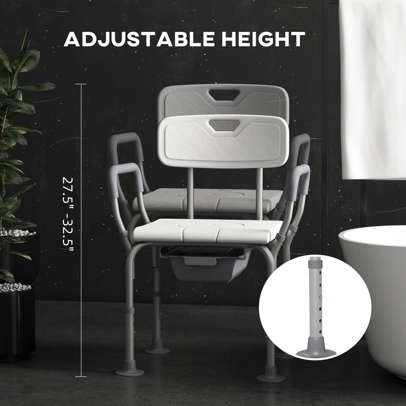 Height Adjustable Shower Stool with Arms Backrest and Removable Commode for Elderly, White