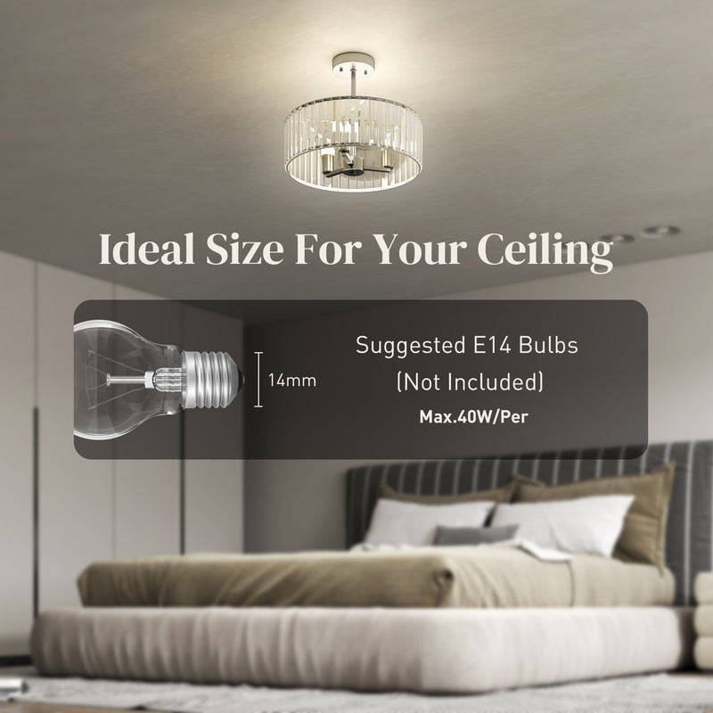 Modern Crystal Ceiling Light with Semi Flush Mount and 3 E14 Bulbs for Living Room, Silver