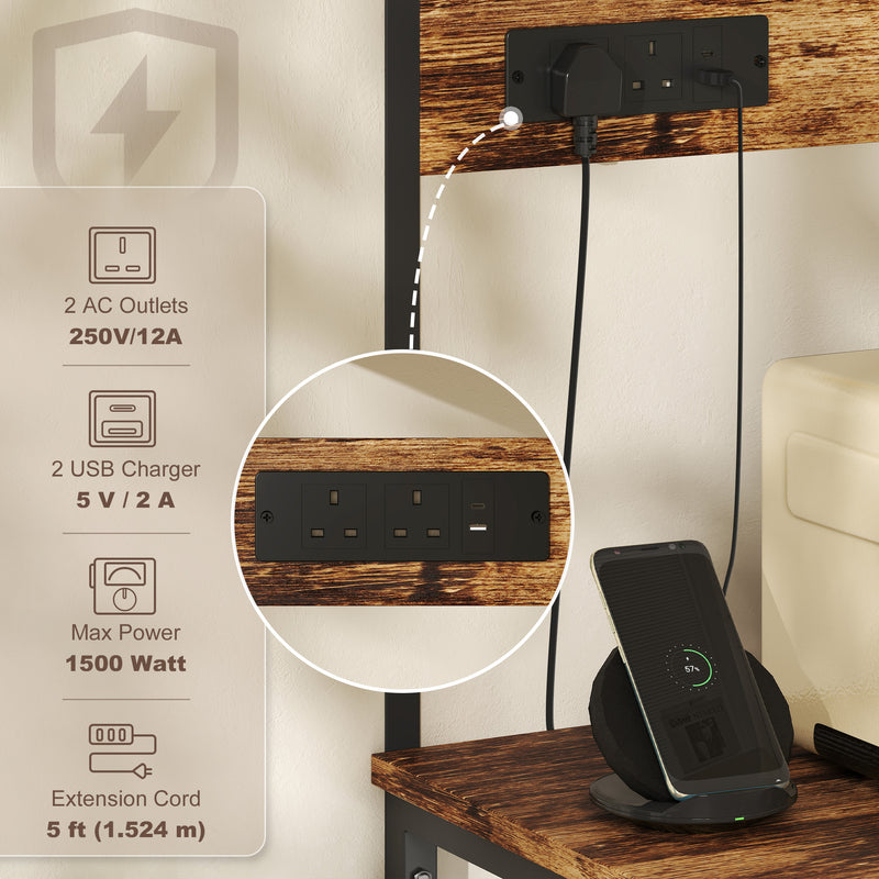 Kitchen Storage Rack with Power Outlet USB Ports Adjustable Shelves and Hooks Rustic Brown