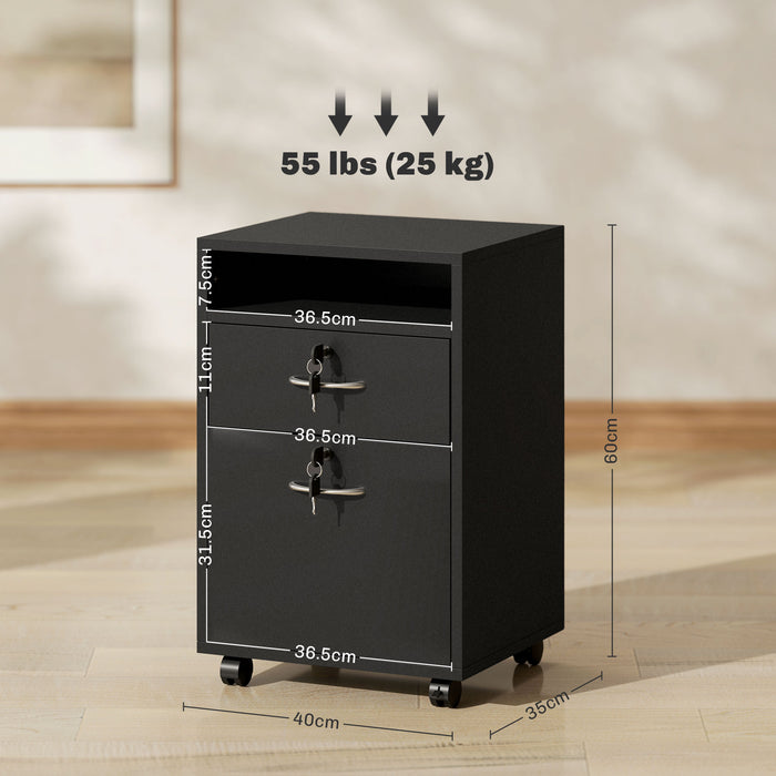 Black Lockable Mobile File Cabinet with 2 Drawers Shelf Metal Handles HOMCOM