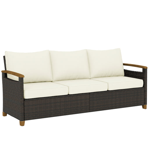 3 Seater Brown Rattan Garden Sofa with Deep Cushions & Removable Covers Outsunny