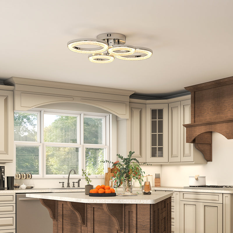 Modern LED Ceiling Light with 4 Ring Design and Adjustable Colour for Living Room Silver Tone AOSOM