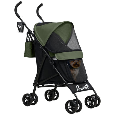 Dark Green Lightweight Dog Stroller with Umbrella Canopy Storage Bag and Cup Holder by PawHut AOSOM