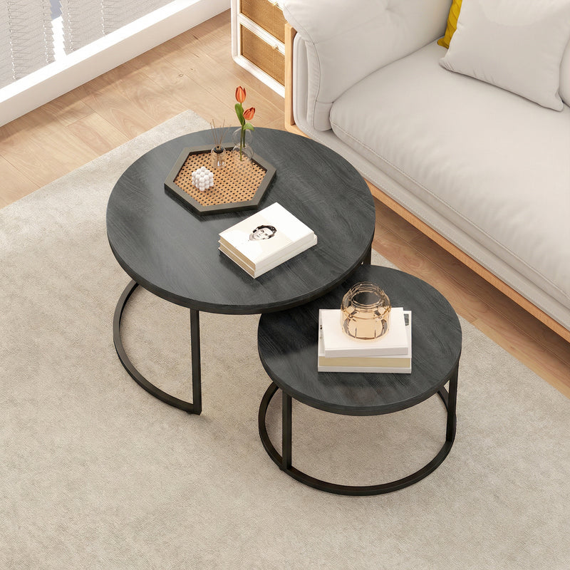 Nesting Coffee Table Set of 2 Space Saving Tables for Living Room Black Wood Grain AOSOM