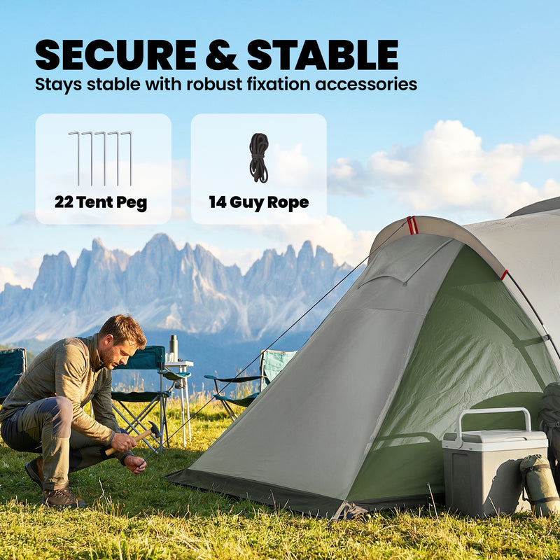 4-6 Person Waterproof Tunnel Camping Tent With 2 Bedrooms, Living Room & Porch, Green
