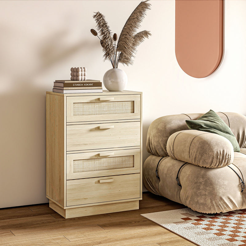 Wood Effect Chest of 4 Drawers with Rattan Weave Panels for Bedroom Storage by Homcom