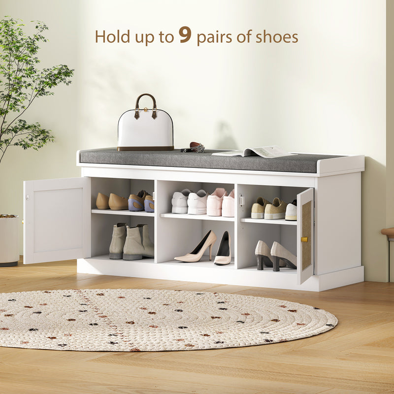 Boho Shoe Storage Bench With Padded Seat and Rattan Cabinet Doors Ideal for Hallway White 105x35x47cm