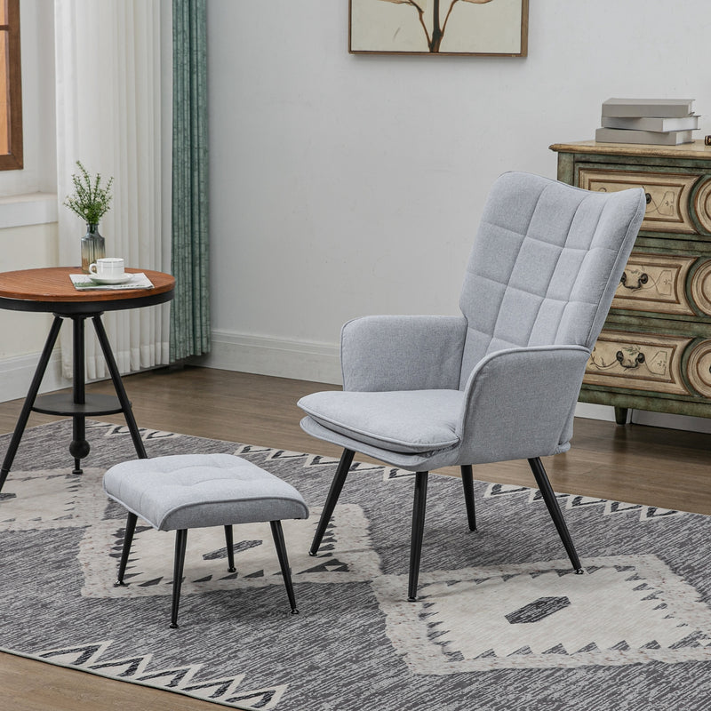 Linen Armchair with Footstool for Living Room or Bedroom Comfort and Support Light Grey