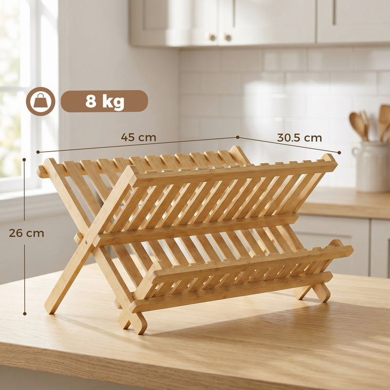 Foldable Bamboo Dish Drying Rack for Small Kitchens Two Tier Space Saving Natural Wood