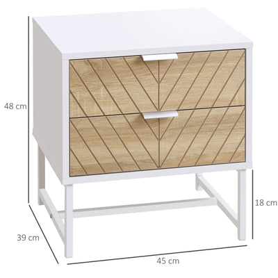 White and Oak Bedside Table with 2 Drawers and Metal Frame for Bedroom or Living Room