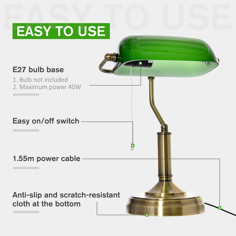 HOMCOM Banker's Table Lamps Set of 2, Desk Lamps with Antique Bronze Tone Base, Green Glass Shade and Pull Rope Switch for Home Office, Living Room, Bedroom, Dining Room, Green AOSOM