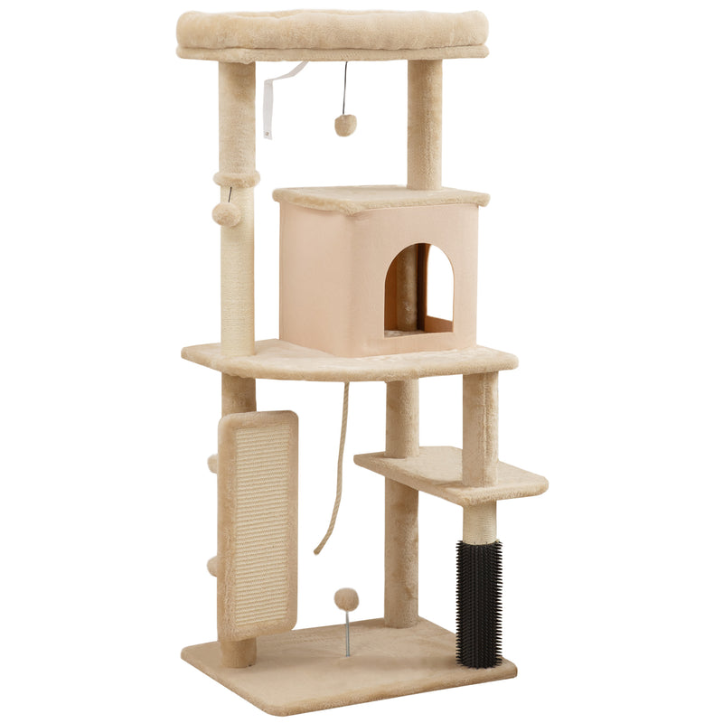 Cat Tree Tower With Scratching Posts Bed House and Brush For Indoor Cats, Beige AOSOM