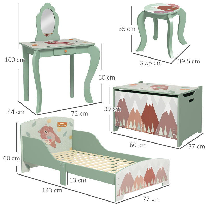 Kids Bedroom Furniture Set with Bed Toy Chest and Dressing Table for Ages 3 to 6 Green AOSOM