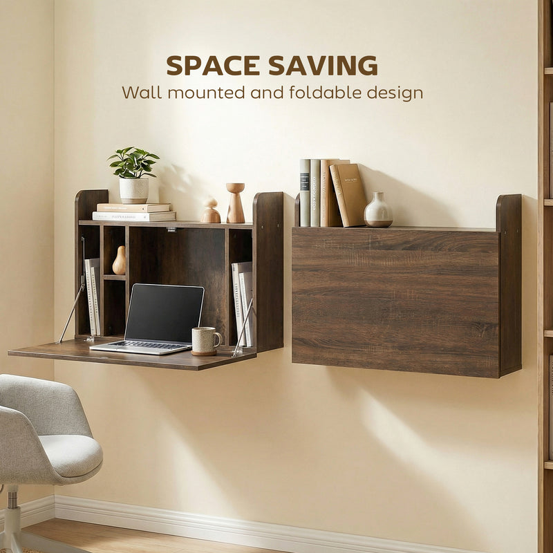 Wall Mounted Folding Desk with Shelves for Space Saving Home Office Dark Brown AOSOM