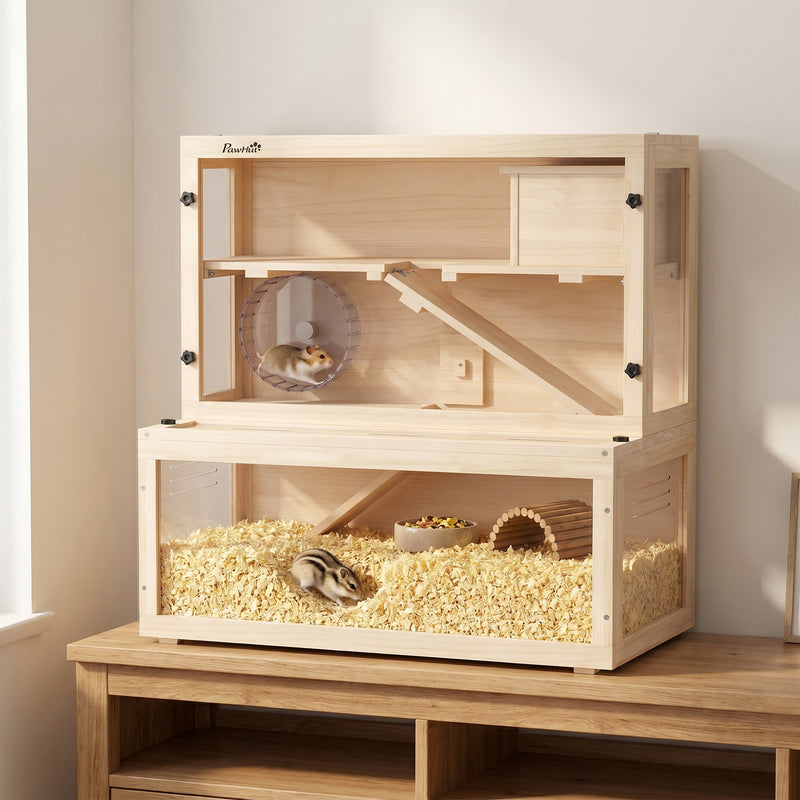 Hamster and Gerbil Cage with Easy Access Panels for Quick Cleaning Natural Wood
