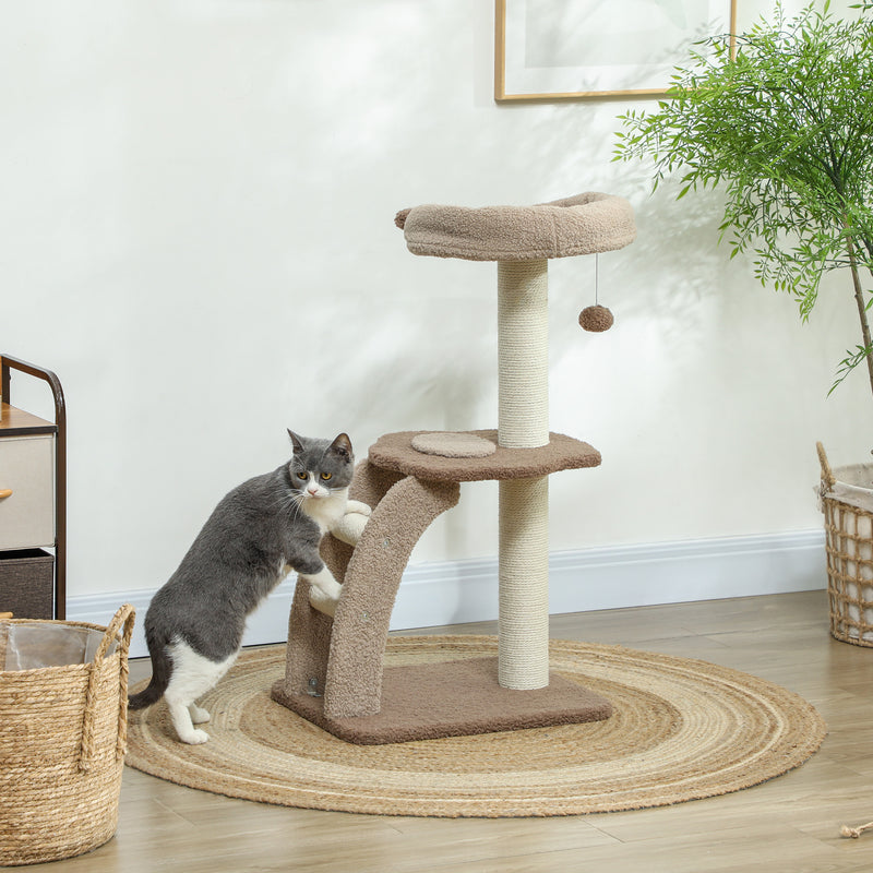 Brown Cat Tree for Indoor Cats With Sisal Scratching Post Hanging Ball and Large Perch by PawHut