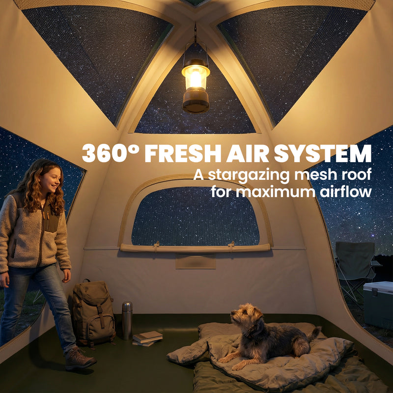 Inflatable Camping Tent with Fast 2 Minute Setup and Standing Height for Families Beige