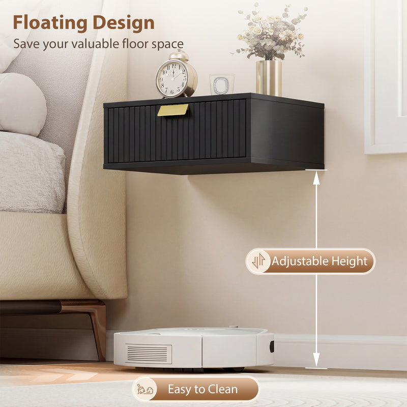 Floating Wall Mounted Bedside Table Set of 2 with Drawer for Clutter Free Bedroom Black AOSOM