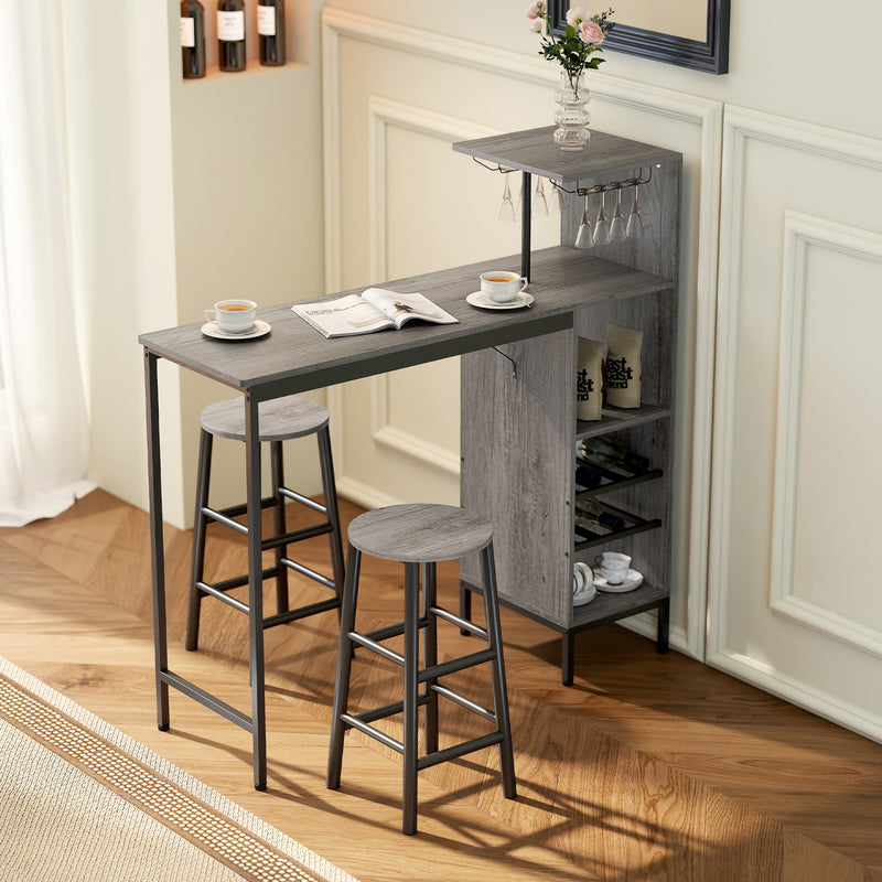 Bar Table Set with Storage Shelves and Stools for Small Kitchens or Flats Natural Wood Finish AOSOM
