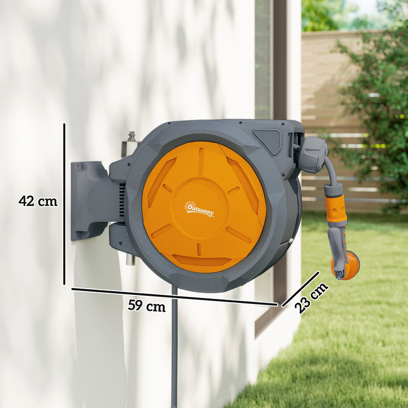 Wall Mounted Retractable Garden Hose Reel 30m With Auto Rewind And Spray Nozzle Orange AOSOM