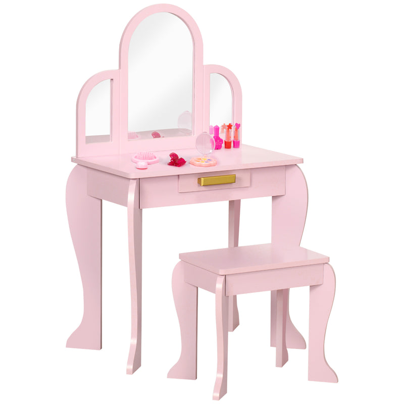 Kids Vanity Dressing Table Set with Mirror and Storage Drawer for Bedroom, Pink