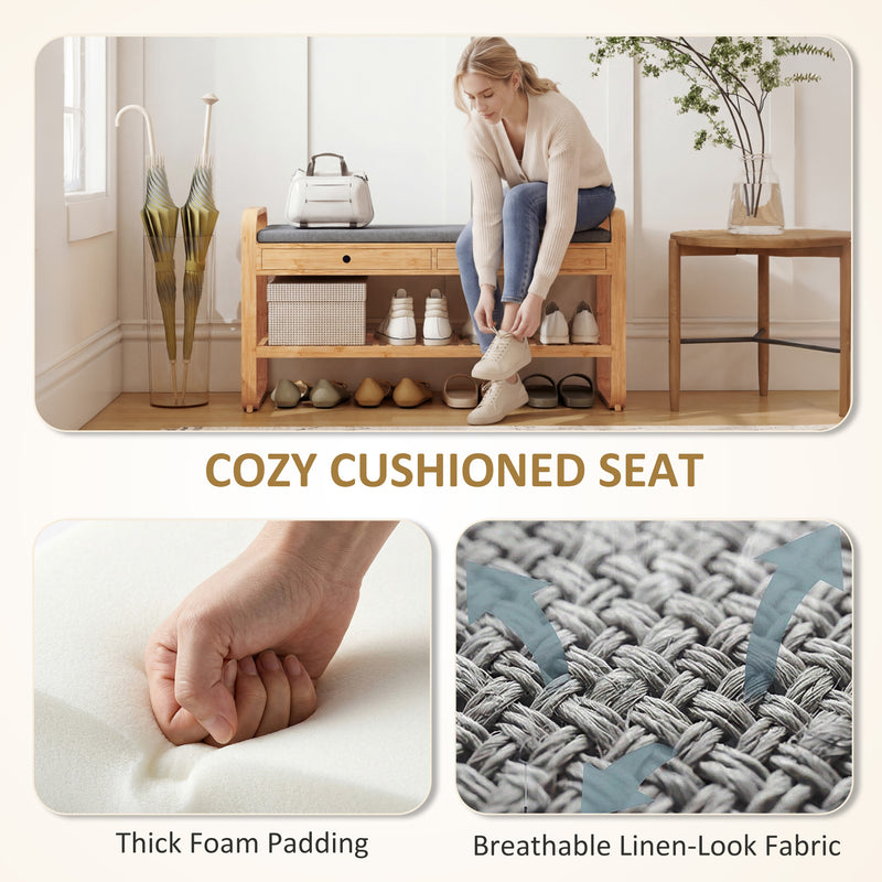 Shoe Storage Bench with Drawers and Padded Seat for Narrow Hallways Natural Bamboo Grey