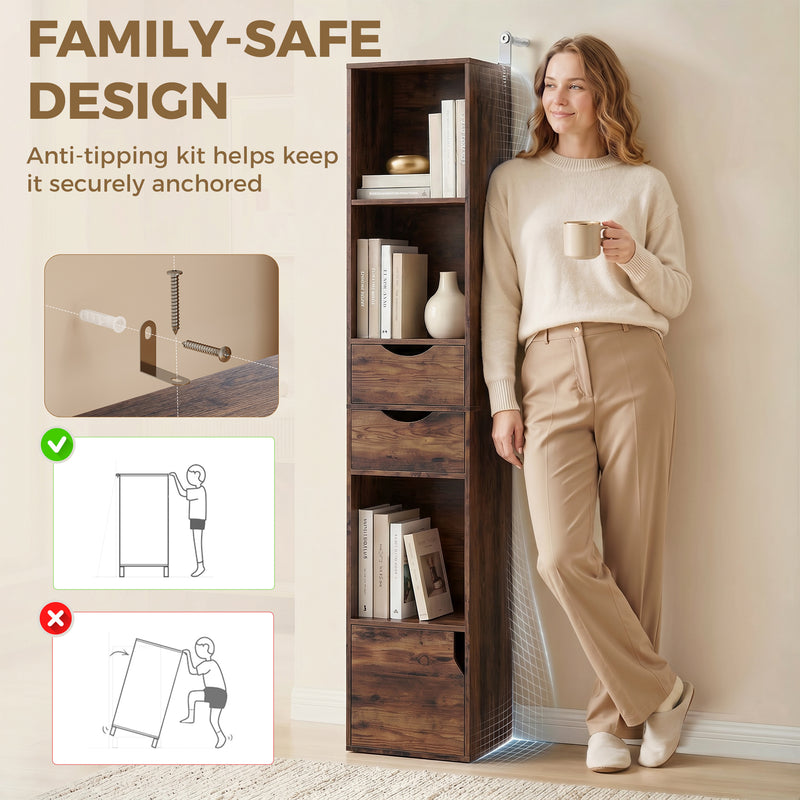Slim Corner Bookcase with Adjustable Shelf and Storage Drawers for Small Spaces Rustic Brown