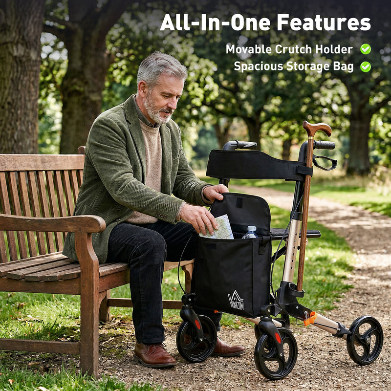 HOMCOM Rollator Walker with Seat with Carry Bag, Adjustable Height, Cane Holder for Seniors and Disabled, Gold Tone