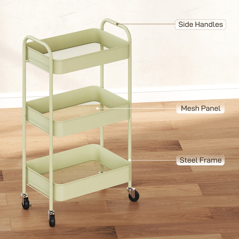 Three Tier Steel Storage Trolley With Wheels For Home Or Office Organisation Green