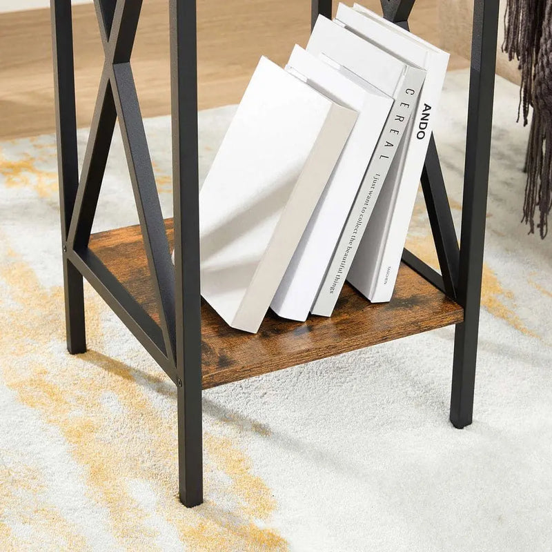 Industrial Nightstand With Drawer by Vasagle - Stylish bedside table with a black steel frame and rustic brown wooden body and draw. There is an open shelf at the bottom