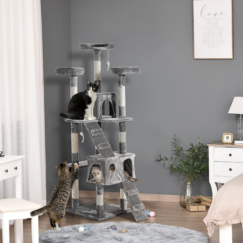 Multi Level Cat Tree Tower With Scratching Posts And Hideaway For Indoor Cats Grey