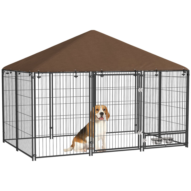 Outdoor Dog Kennel with Canopy and Rotating Bowl Puppy Playpen Enclosure by PawHut
