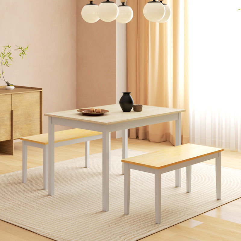 Farmhouse Dining Table and Bench Set with Sturdy Wooden Frame for Kitchen or Lounge Natural and White