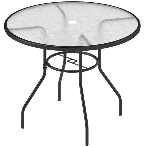 100 cm Round Garden Dining Table with Parasol Hole and Sturdy Tempered Glass Top Black by Outsunny