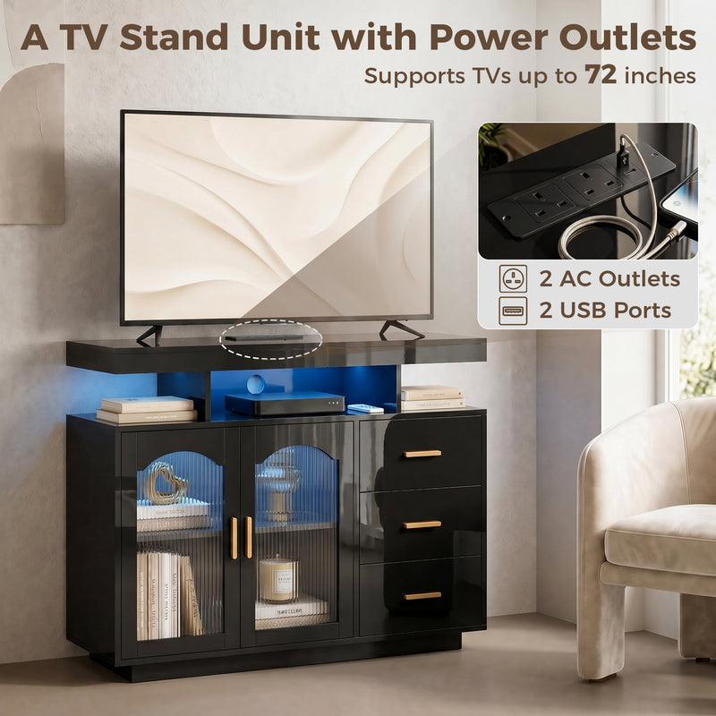 Sideboard with Organised Storage and Built In Charging Hub for Living Room Black