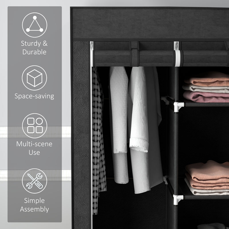 Fabric Wardrobe with Hanging Rails and Shelves for Compact Bedroom Storage Black