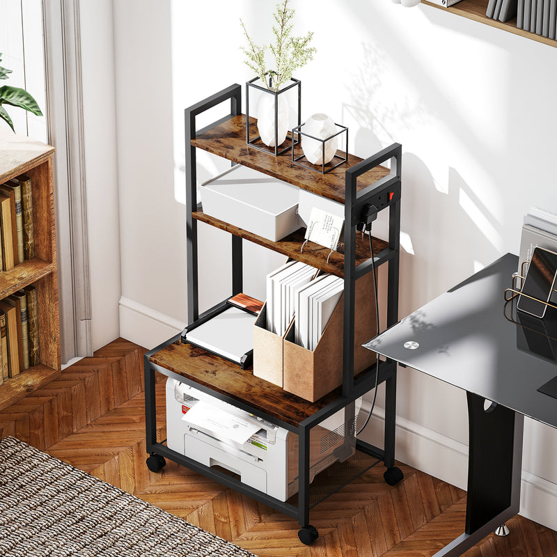 4 Tier Mobile Printer Stand with Power Outlets for Home Office Storage Rustic, Brown