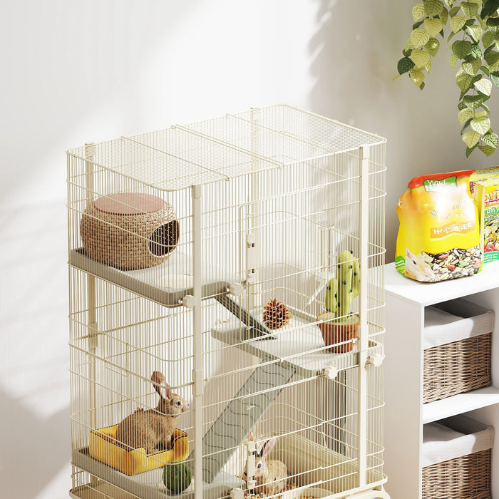 4 Level Rolling Small Animal Cage With Ramps Water Bottle and Deep Tray Beige by PawHut