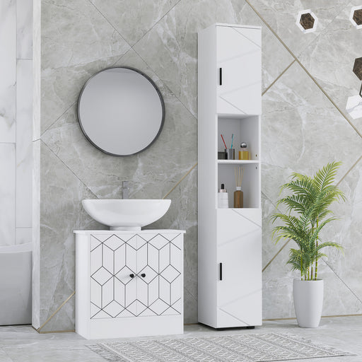 Tall White Bathroom Storage Cabinet with Embossed Design and Adjustable Shelves