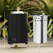 Black Smokeless Fire Pit 16 cm Stainless Steel Portable Wood Burning with Poker by Outsunny