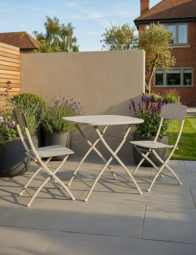 Venice 2 seater folding garden bistro set in cashmere cream, steel table and two folding chairs