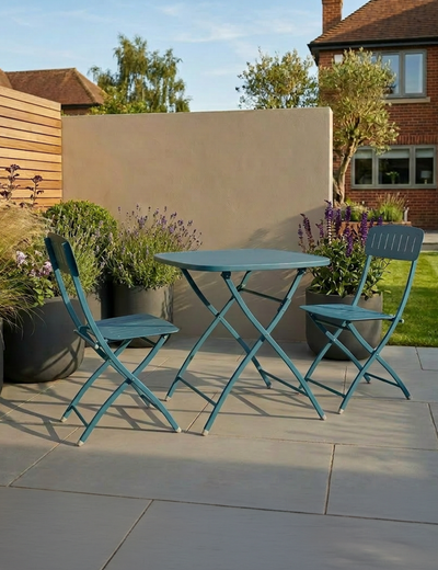 Venice 2 seater folding garden bistro set in Caribbean blue, steel table and two folding chairs
